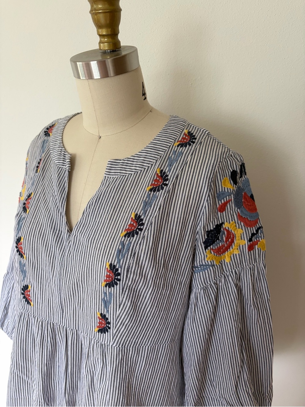Striped Peasant Blouse/Dress with Floral Embroidery - Blue, Red & Yellow Cotton
